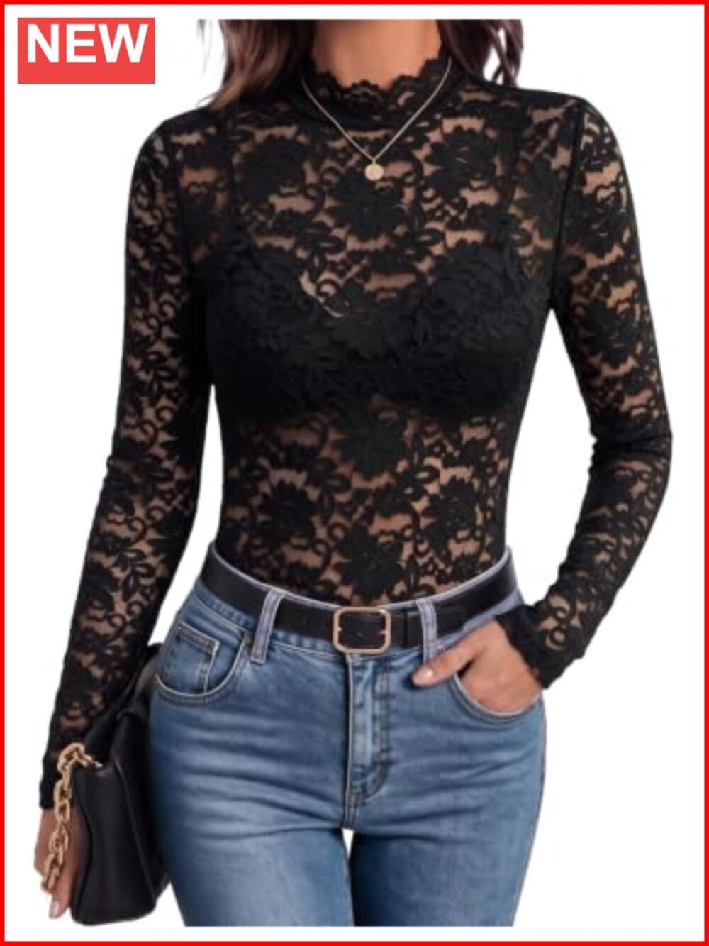 Zeagoo Lace Mesh Sheer Long Sleeve Blouse Mock Neck Slim Fit Party Top